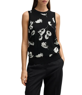 Hugo Boss Finfie Knit Monochrome Tulip Floral Crew Neck Sleeveless Top