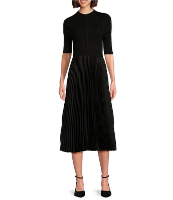 Hugo Boss Fireanami Plisse Woven Mock Neck Elbow Sleeve Pleated Dress