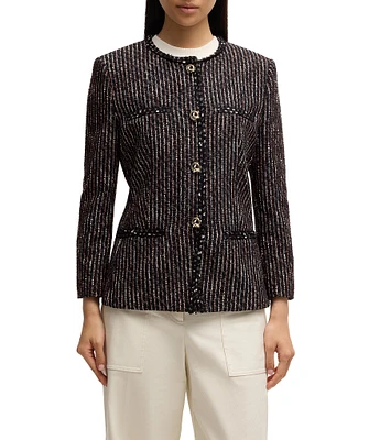 Hugo Boss Jia Monochrome Stripe Tweed Round Neck Long Sleeve Jacket