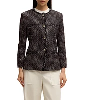 Hugo Boss Jia Monochrome Stripe Tweed Round Neck Long Sleeve Jacket