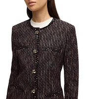 Hugo Boss Jia Monochrome Stripe Tweed Round Neck Long Sleeve Jacket