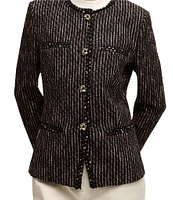 Hugo Boss Jia Monochrome Stripe Tweed Round Neck Long Sleeve Jacket