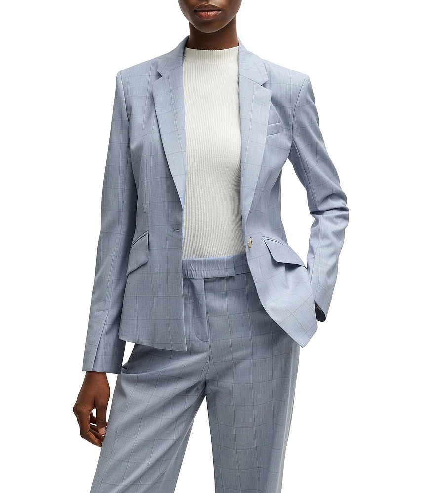 Hugo Boss Jia Woven Wool Windowpane Plaid Notch Lapel Long Sleeve Blazer