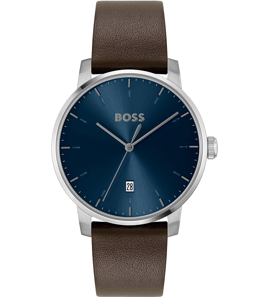 Hugo Boss Men's Dean Quartz Analog Brown Leather Strap Watch