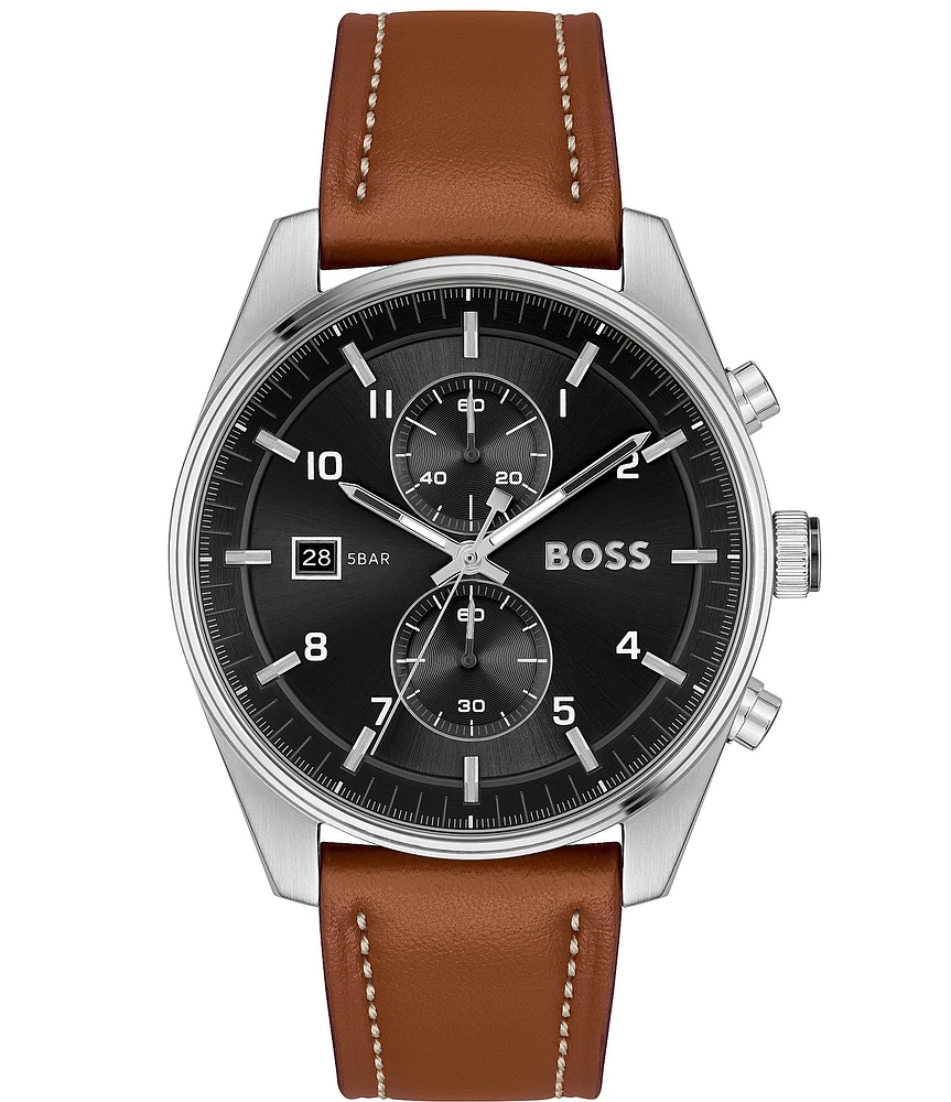 Hugo Boss Men's Skytraveller Chronograph Brown Leather Strap Watch