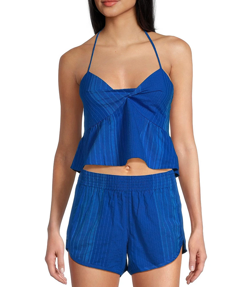 Hurley Aster Twist-Front Stripe Coordinating Halter Crop Top