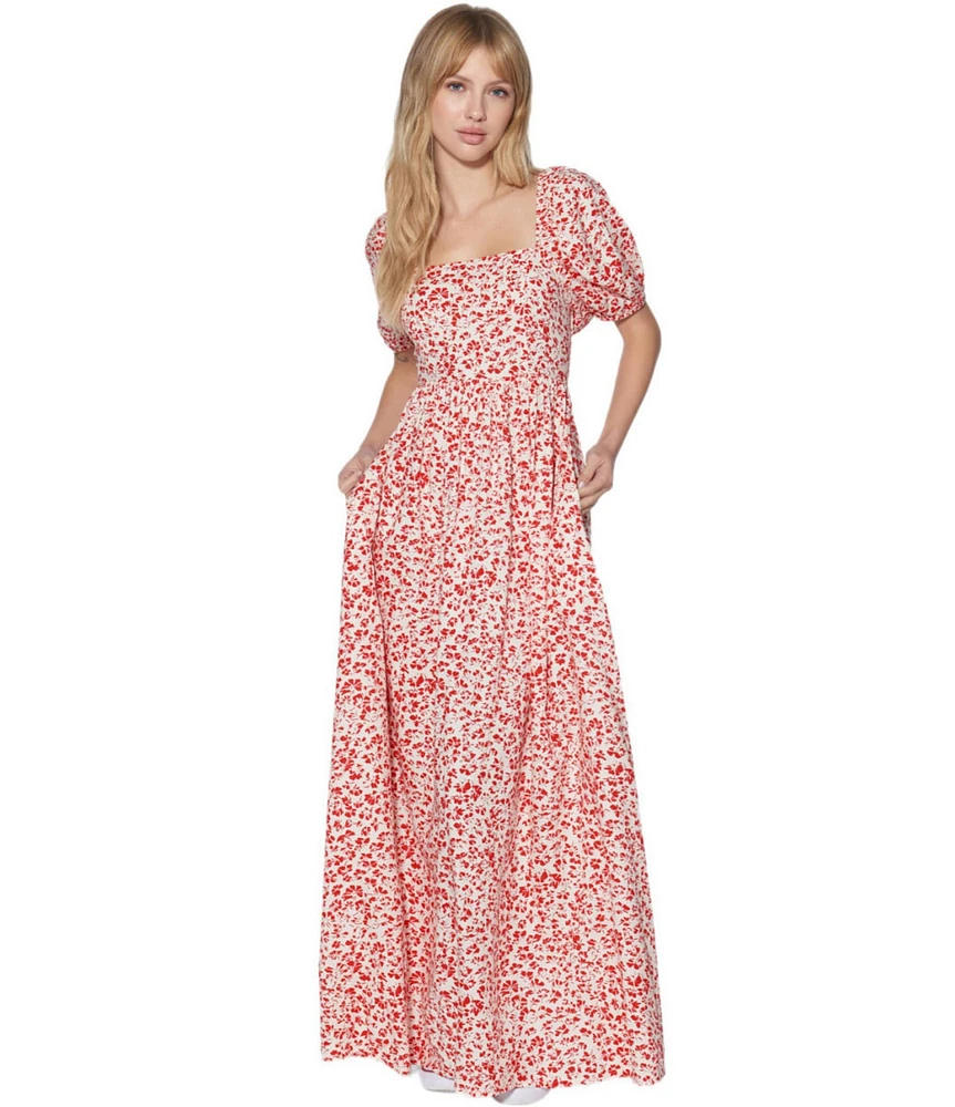 Hurley Carefree Floral Print Square Neck Short Sleeve Maxi Dress