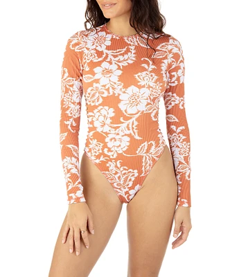 Hurley Floral Ikat Print Rib Texture Long Sleeve Strappy Cut-Out One Piece Surf Suit