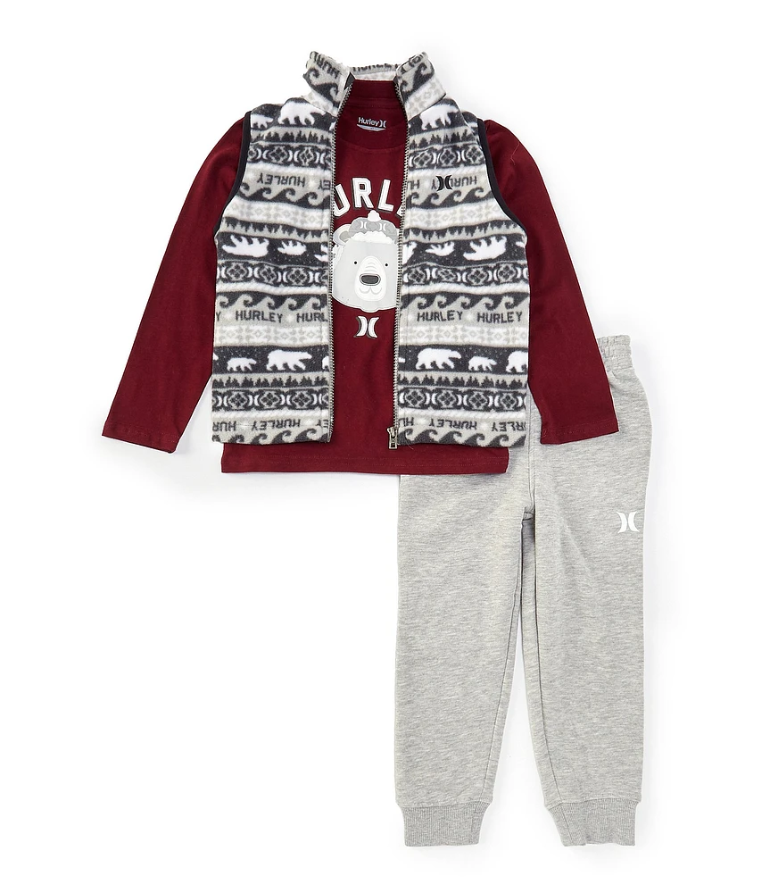 Hurley Little Boys 2T-4T Sleeveless Printed Fleece Vest, Long Sleeve Bear-Face Graphic T-Shirt & Solid Fleece Jogger Pant Set