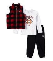 Hurley Little Boys 2T-4T Sleeveless Printed Fleece Vest, Long Sleeve Bear-Face Graphic T-Shirt & Solid Fleece Jogger Pant Set