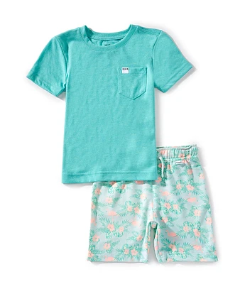 Hurley Little Boys 2T-7 Short Sleeve Pocket T-Shirt & Floral Flamingo Printed Shorts 2-Piece Set
