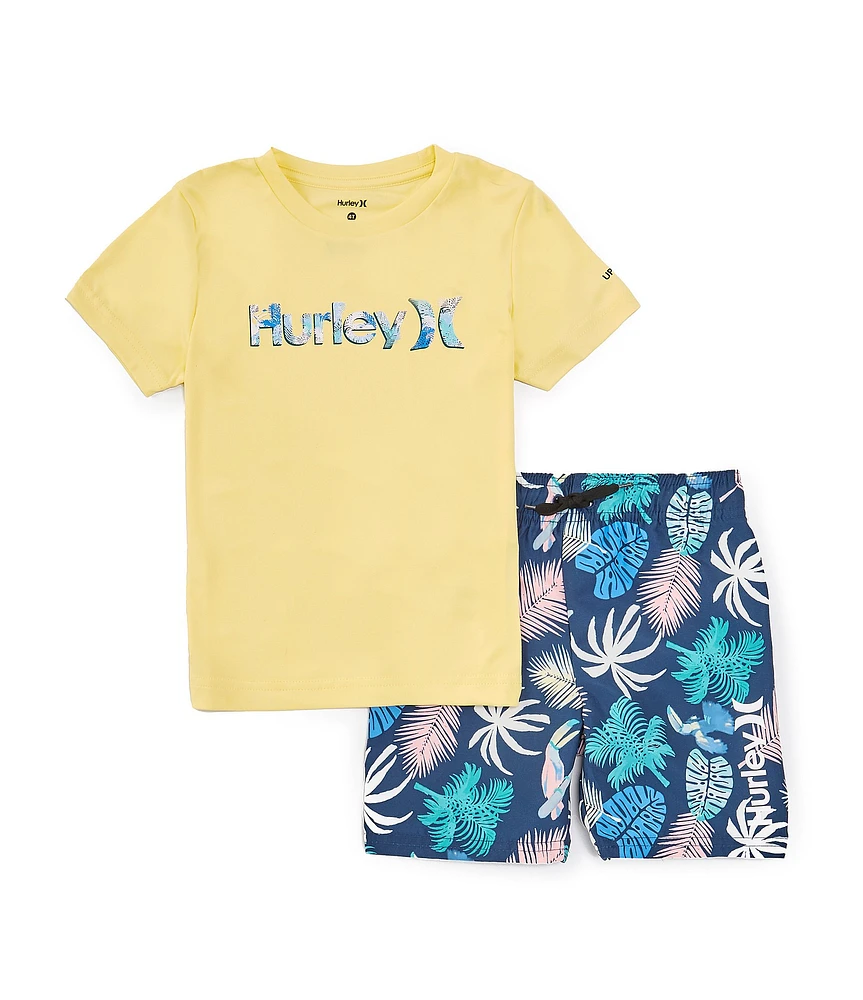 Hurley Little Boys 2T-7 Short Sleeve Printed Logo T-Shirt & Toucan/Palm-Printed Board Shorts