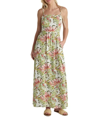 Hurley Malibu Sleeveless Tropical Floral/Leaf Print Long Dress