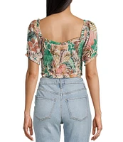 Hurley Palmetto Sunset Floral Print Short Puff Sleeve Smocked Crop Top