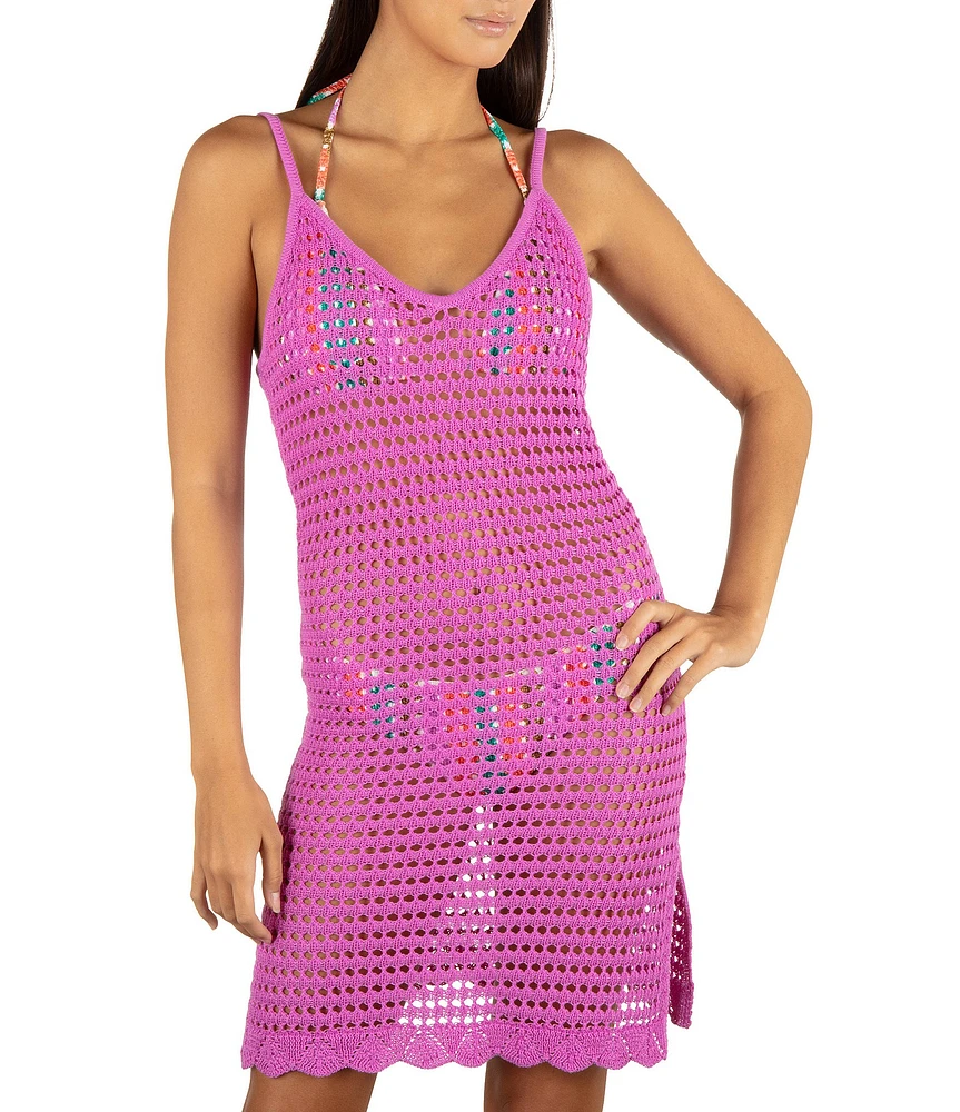 Hurley Solid Crochet Knit V-Neck Spaghetti Straps Swim Cover-Up Mini Dress