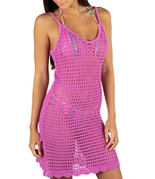 Hurley Solid Crochet Knit V-Neck Spaghetti Straps Swim Cover-Up Mini Dress