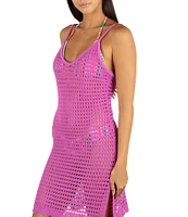 Hurley Solid Crochet Knit V-Neck Spaghetti Straps Swim Cover-Up Mini Dress