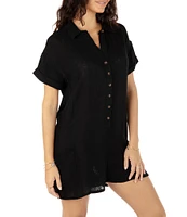 Hurley Stripe Gauze Point Collar Short Sleeve Button Front Swim Cover-Up Romper