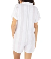 Hurley Stripe Gauze Point Collar Short Sleeve Button Front Swim Cover-Up Romper