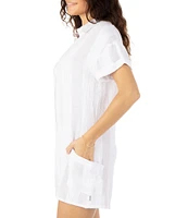 Hurley Stripe Gauze Point Collar Short Sleeve Button Front Swim Cover-Up Romper