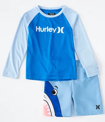 Hurley Toddler Boys 2T-4T Long-Sleeve UPF 50+ Swim Tee & Shark-Wraparound Swim Trunks Set