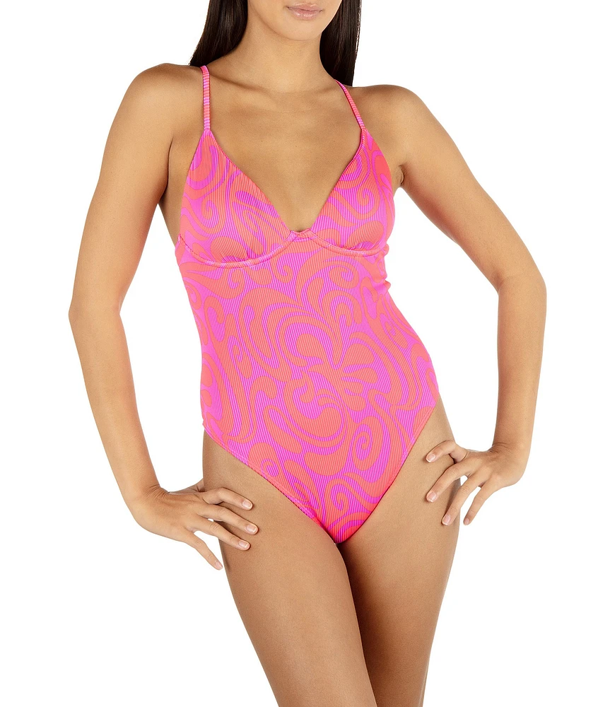 Hurley Trip Hop Rib Swirl Graphic Crossback Moderate One Piece Swimsuit