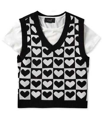 I.N. Girl Big Girls 7-16 Heart/Checked Sweater Vest & Short-Sleeve T-Shirt Set