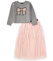 I.N. Girl Big Girls 7-16 Long-Sleeve Bow-Motif Sweater & Sheer-Overlay Skirt Set