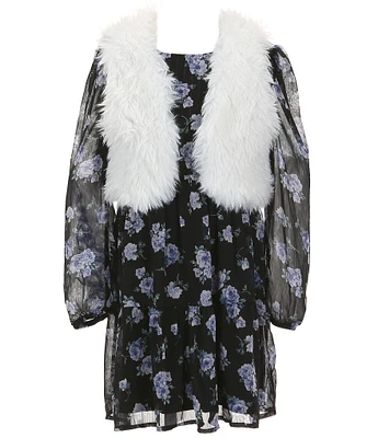 I.N. Girl Big Girls 7-16 Sleeveless Faux-Fur Vest & Long Sleeve Floral-Printed Babydoll Dress