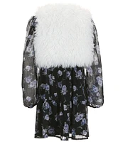 I.N. Girl Big Girls 7-16 Sleeveless Faux-Fur Vest & Long Sleeve Floral-Printed Babydoll Dress