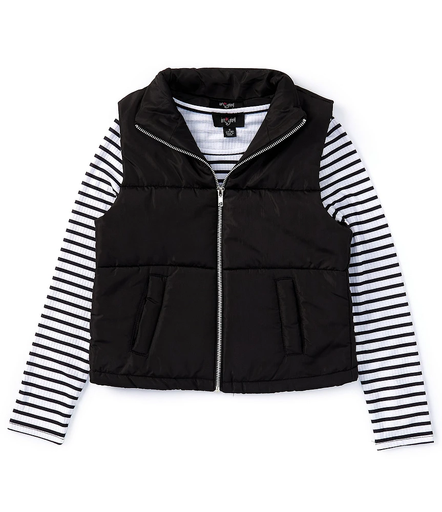 I.N. Girl Big Girls 7-16 Solid Puffer Vest & Long-Sleeve Stripe Rib-Knit T-Shirt