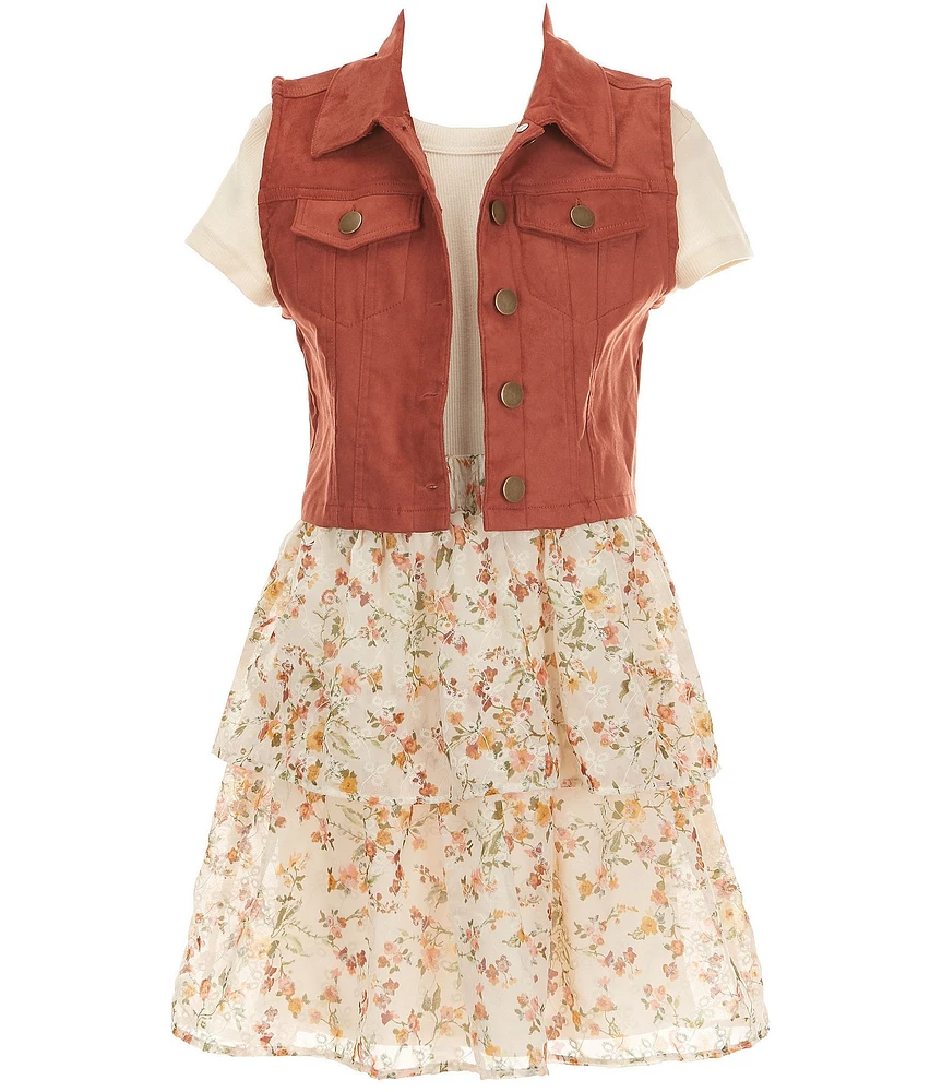 I.N. Girl Big Girls Suede Vest & Short Sleeve Double Tier Dress Set