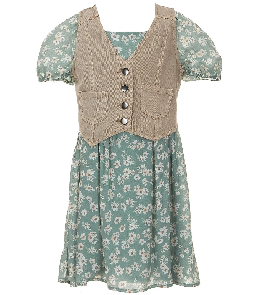 I.N. Girl Big Girls 7-16 Western Vest & Short Sleeve Floral Print Fit & Flare Dress Set