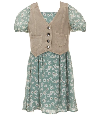 I.N. Girl Big Girls 7-16 Western Vest & Short Sleeve Floral Print Fit & Flare Dress Set