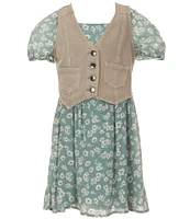 I.N. Girl Big Girls 7-16 Western Vest & Short Sleeve Floral Print Fit & Flare Dress Set