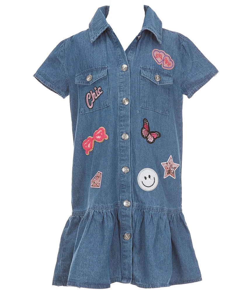 I.N. Girl Big Girls Short Sleeve Patch-Applique Denim Dress