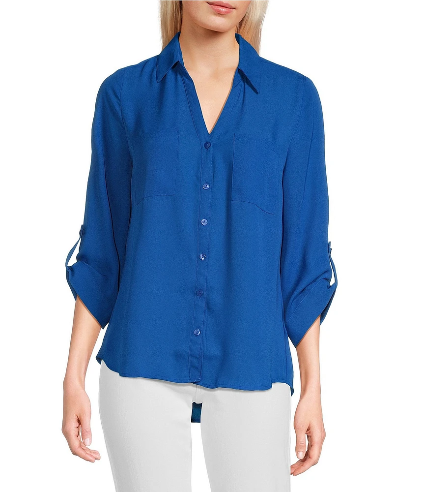 I.N. San Francisco Collared 3/4 Length Roll Tab Sleeve Button-Front Shirt