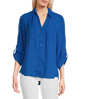 I.N. San Francisco Collared 3/4 Length Roll Tab Sleeve Button-Front Shirt