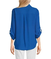 I.N. San Francisco Collared 3/4 Length Roll Tab Sleeve Button-Front Shirt