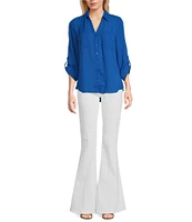 I.N. San Francisco Collared 3/4 Length Roll Tab Sleeve Button-Front Shirt