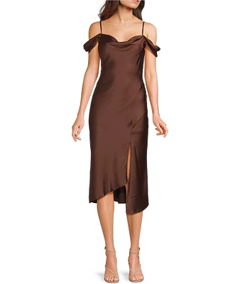 I.N. San Francisco Cowl Neck Cap Sleeve Front Slit Midi Dress