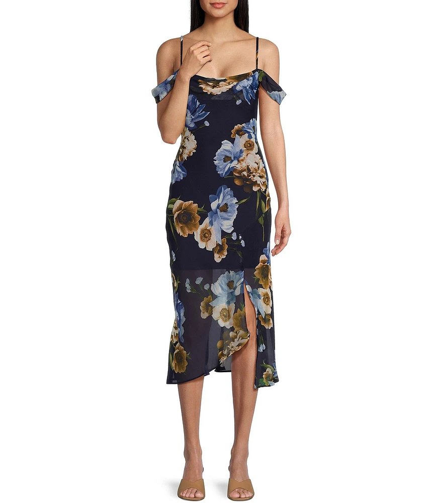 I.N. San Francisco Cowl Neck Cold Shoulder Floral Midi Slit Dress