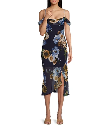 I.N. San Francisco Cowl Neck Cold Shoulder Floral Midi Slit Dress