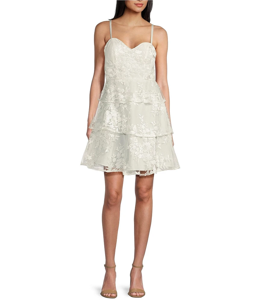 I.N. San Francisco Embroidered Sweetheart Neck Spaghetti Strap Fit & Flare Triple Tiered Dress