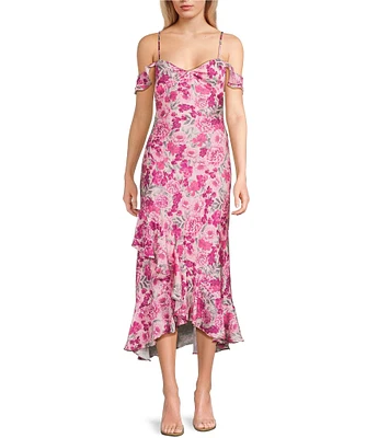 I.N. San Francisco Floral Print Off The Shoulder Asymmetrical Hem Midi Dress