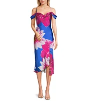 I.N. San Francisco Floral Print Off The Shoulder Spaghetti Strap Cowl Neck Midi Slit Dress