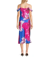 I.N. San Francisco Floral Print Off The Shoulder Spaghetti Strap Cowl Neck Midi Slit Dress