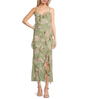 I.N. San Francisco Floral Print Spaghetti Strap Ruffled Slip Dress