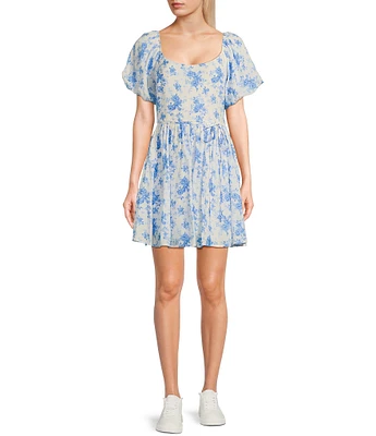 I.N. San Francisco Floral Print Square Neck Bubble Sleeve Smocked Back Dress