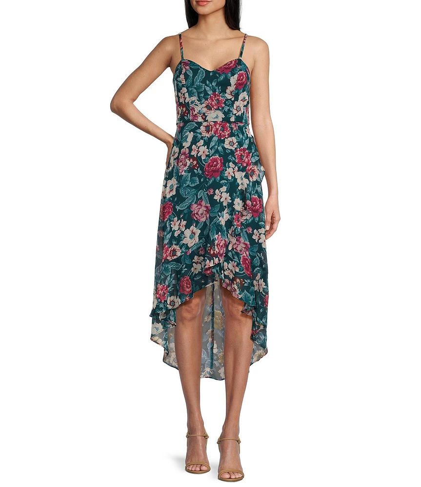 I.N. San Francisco Floral Print Sweetheart Bustier Wrap Hi-Low Midi Dress